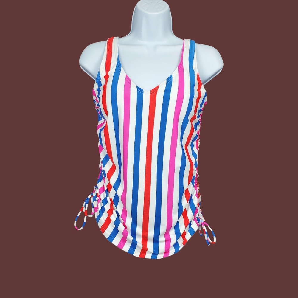 Land's End Blue Pink White Striped Side Tie Swimsuit Tankini Top Size 4 NWT